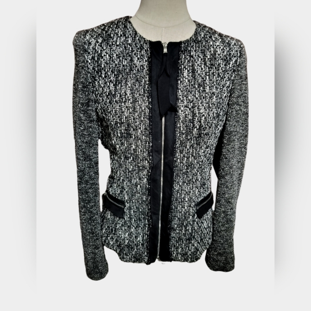 2177) Ellie Tahari Black & Grey Career Tweed Full Zip Pockets Jacket Blazer 8?